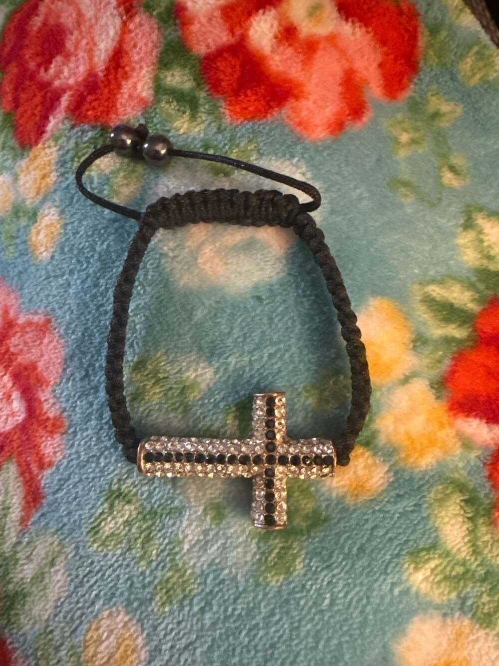 Black Macrame Adjustable Bracelet with Rhinestone Pavé Sideways Cross